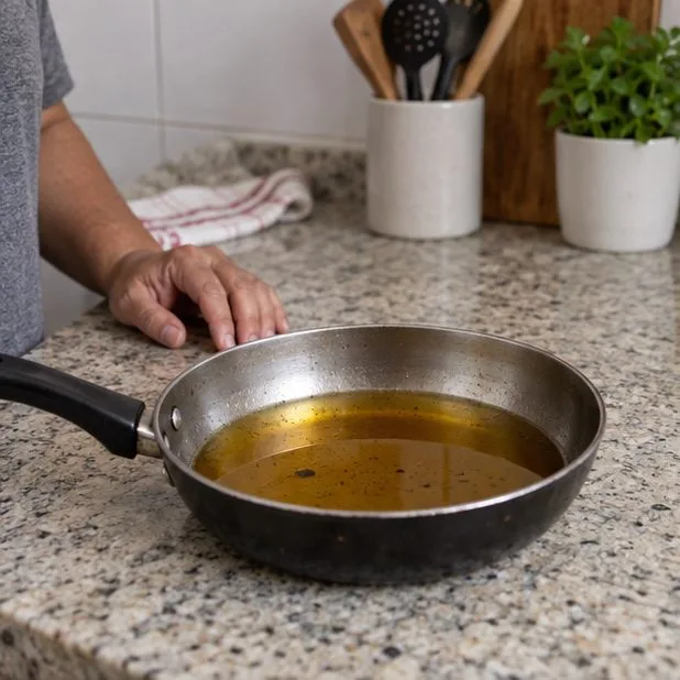 Óleo dourado já frio em uma panela sobre a bancada da cozinha