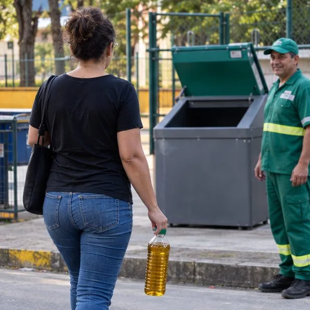 Moradora levando uma garrafa tampada de óleo usado a um ponto municipal de coleta