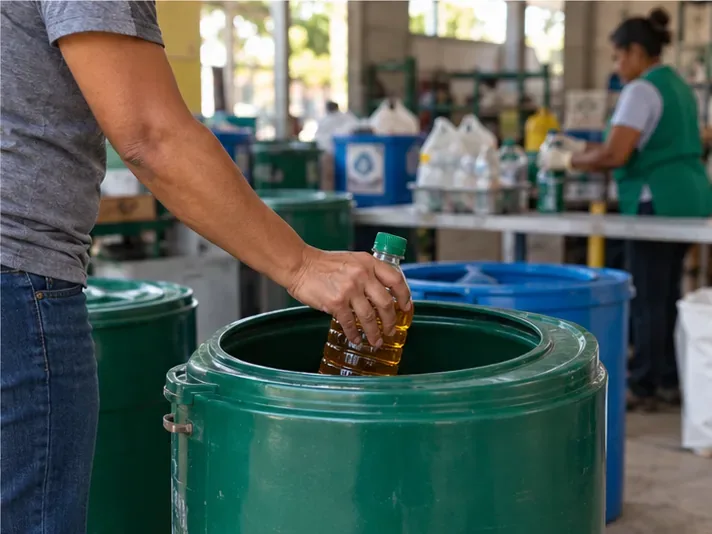 Uma pessoa deposita uma garrafa fechada de óleo em um tambor de coleta de uma cooperativa.