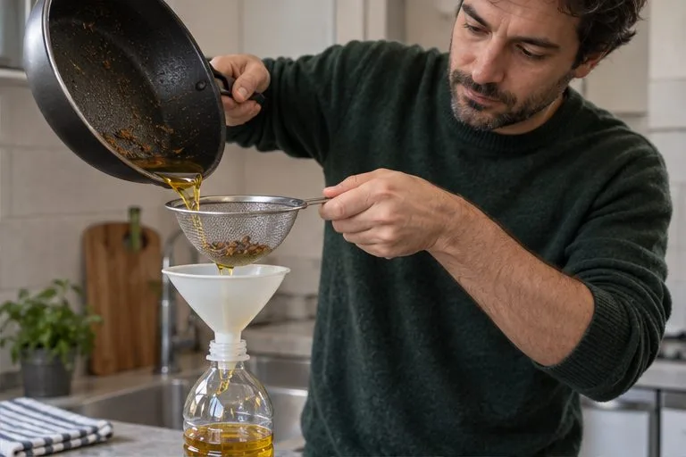 Una persona versa olio alimentare ormai freddo attraverso un colino e un imbuto in una bottiglia di plastica pulita.