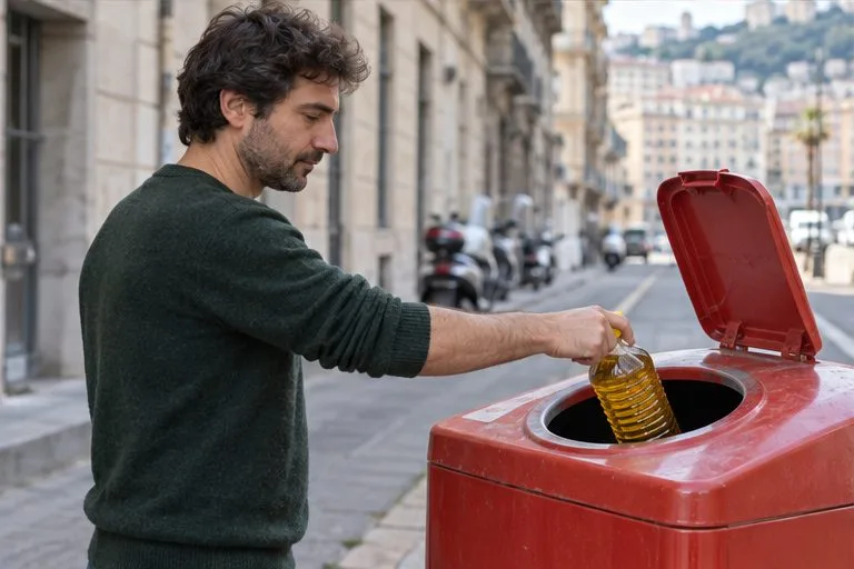 Una persona inserisce una bottiglia di plastica chiusa in un contenitore stradale rosso dedicato alla raccolta dell’olio.