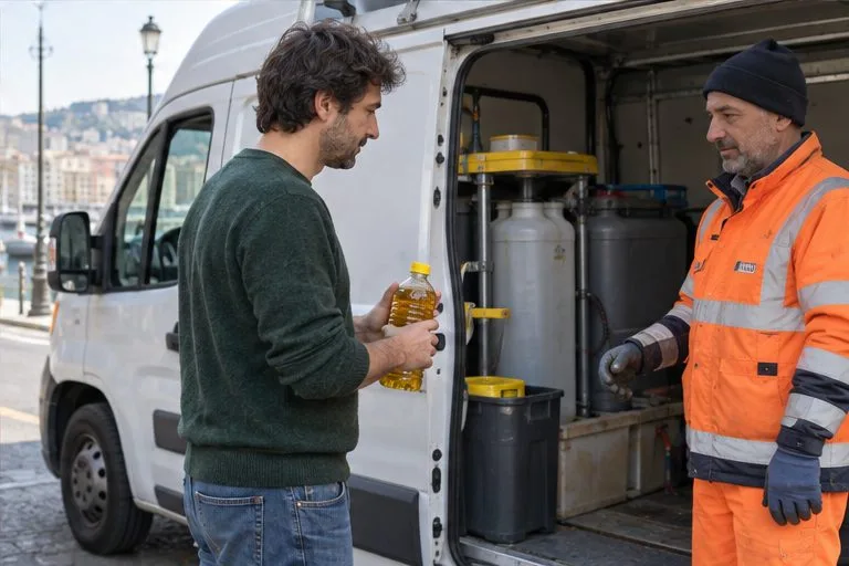 Una persona porta una bottiglia chiusa a un mezzo mobile comunale per la raccolta, con un operatore in abbigliamento da lavoro.