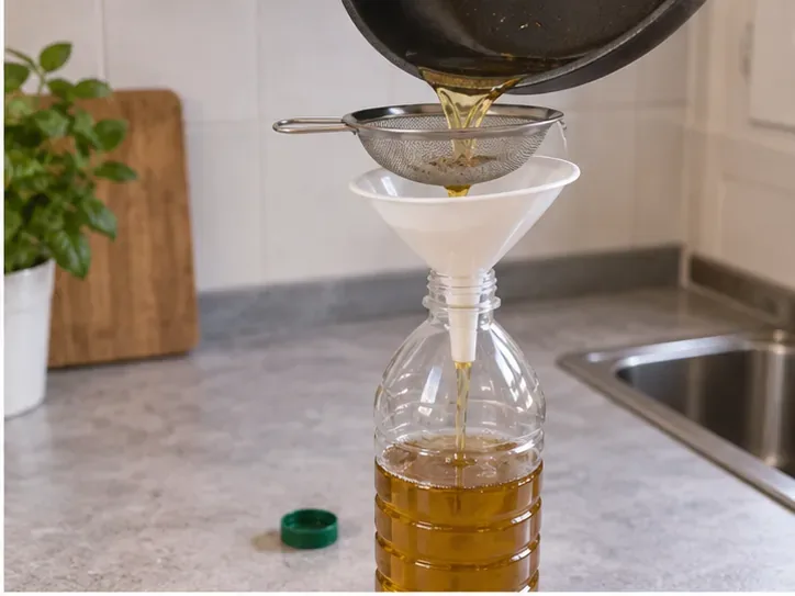Olio da cucina freddo filtrato con un colino e versato con un imbuto in una bottiglia di plastica