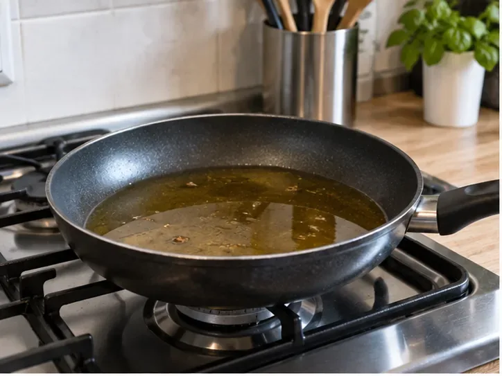 Olio da cucina usato lasciato raffreddare in una padella dopo la cottura
