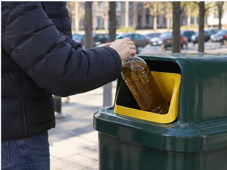 Persona che conferisce una bottiglia chiusa contenente olio usato in un contenitore dedicato alla raccolta