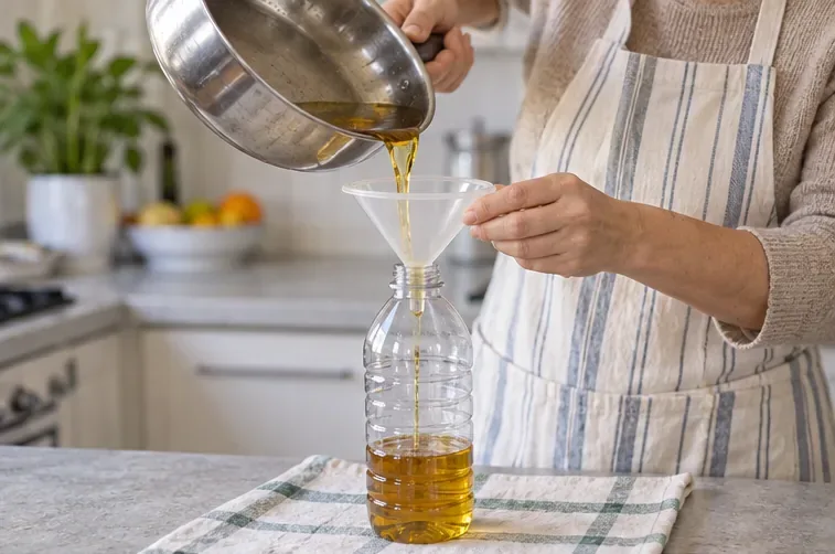 Una persona versa olio alimentare usato attraverso un imbuto in una bottiglia di plastica pulita.