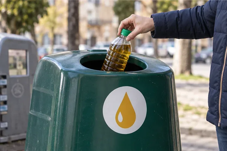Una persona deposita una bottiglia chiusa con olio in un contenitore pubblico contrassegnato da un simbolo a goccia.