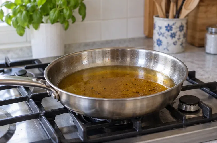 Una padella con olio di frittura ormai freddo appoggiata sul fornello spento.
