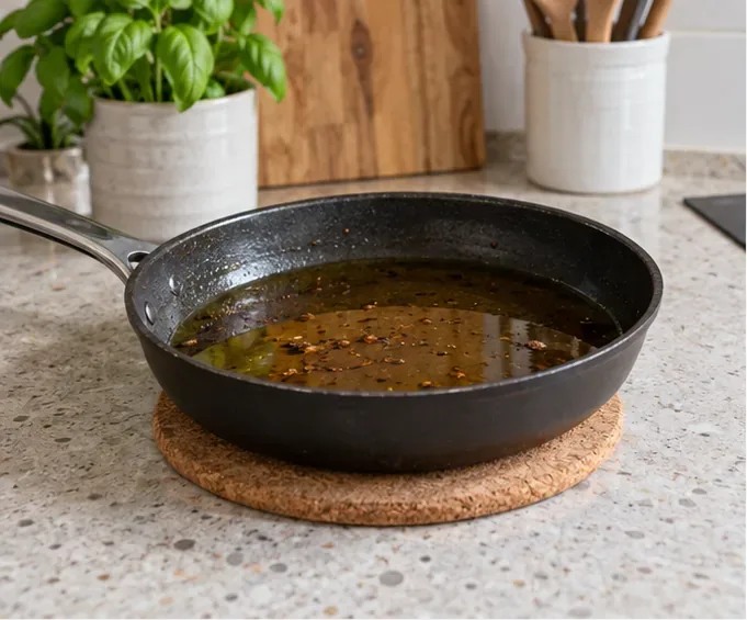 Una padella con olio di frittura usato lasciata raffreddare su un sottopentola sul piano della cucina.