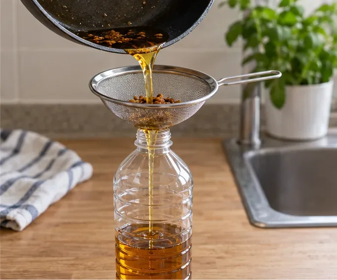 Olio alimentare raffreddato versato attraverso un colino metallico in una bottiglia di plastica pulita.