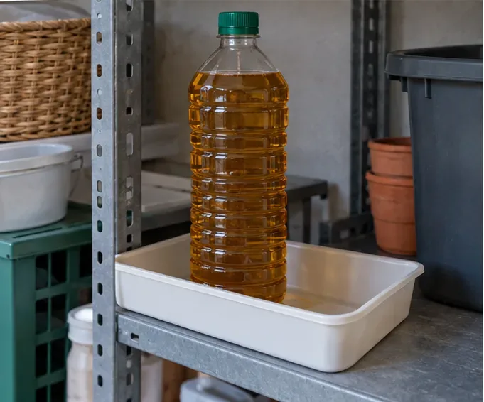 Bottiglia di plastica ben chiusa con olio usato, tenuta in verticale dentro una vaschetta di raccolta.
