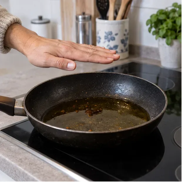 Mano sopra una padella con olio di frittura ormai fermo sul piano di cottura