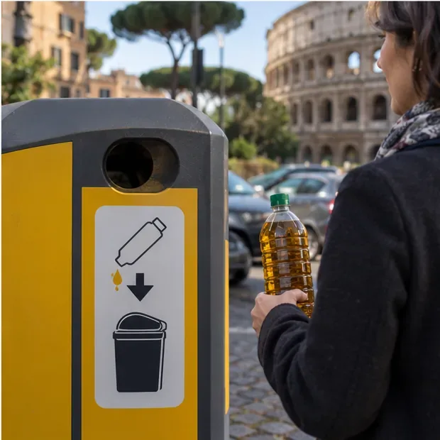 Persona con una bottiglia chiusa accanto a un contenitore dedicato all’olio alimentare usato