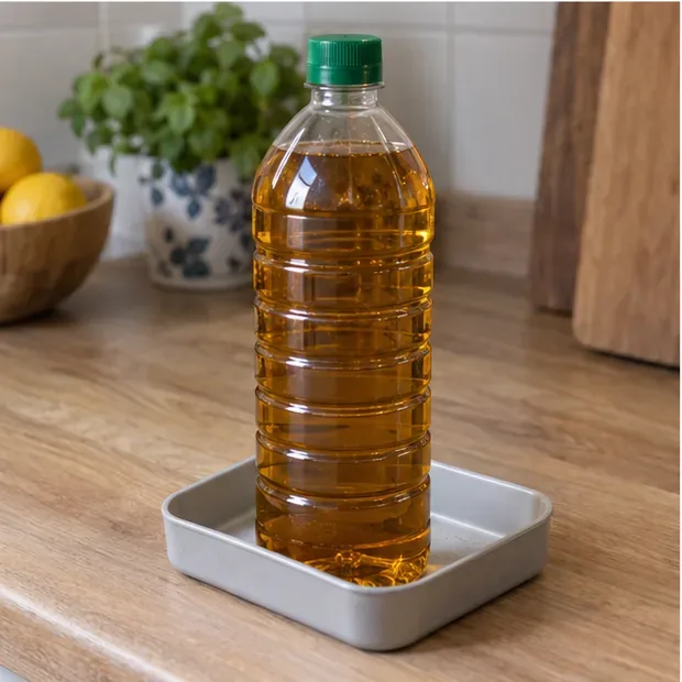 Bottiglia di plastica integra e chiusa contenente olio alimentare filtrato