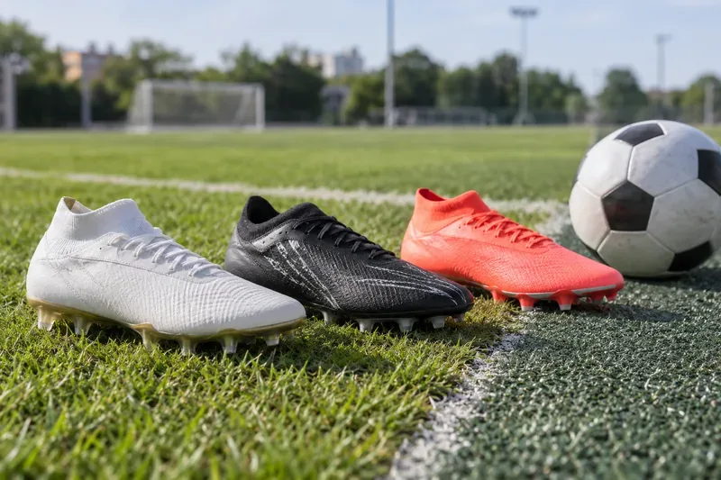Three unbranded football boots beside a soccer ball on the boundary between natural grass and artificial turf