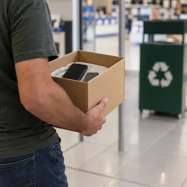 Pessoa carregando uma caixa com aparelhos eletrônicos em direção a um ponto de coleta dentro de uma loja