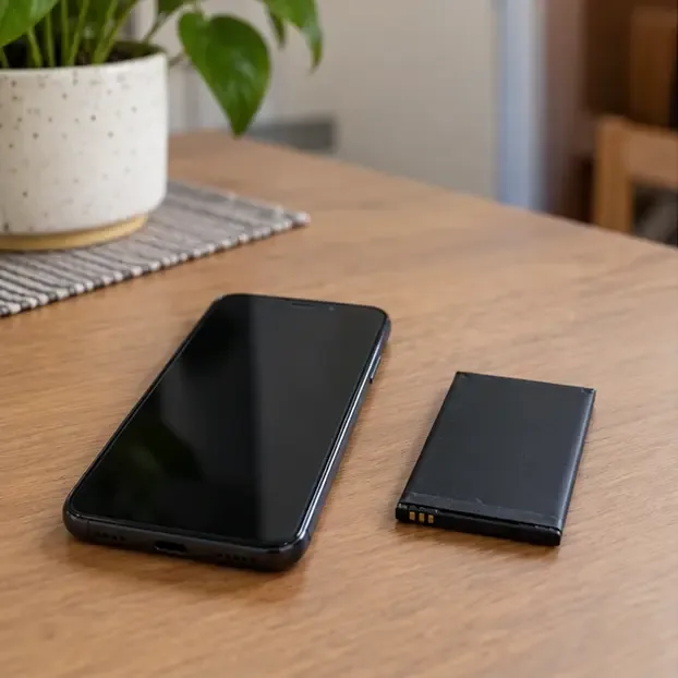 Celular desligado ao lado de uma bateria removível intacta sobre uma mesa de madeira