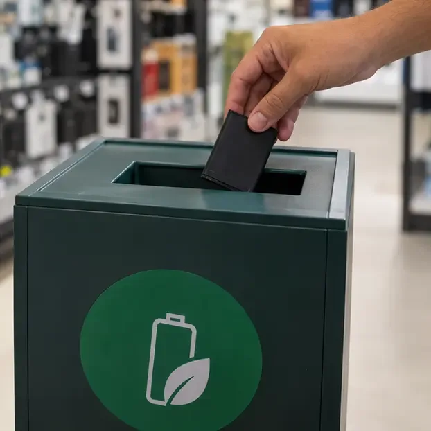 Mão colocando uma bateria intacta em um coletor verde destinado a baterias dentro de uma loja