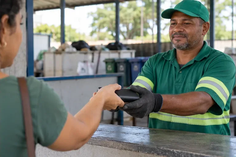 Um atendente recebe um pequeno aparelho eletrônico de uma moradora em um balcão de coleta.
