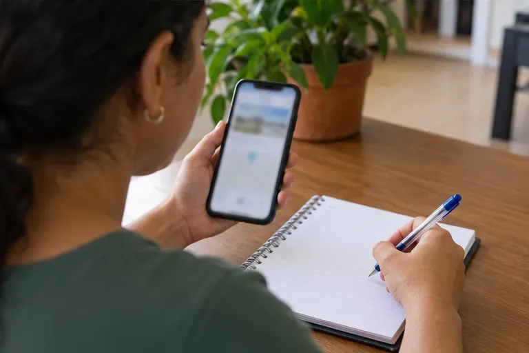 Uma moradora consulta informações no celular e anota dados em um caderno antes de sair.