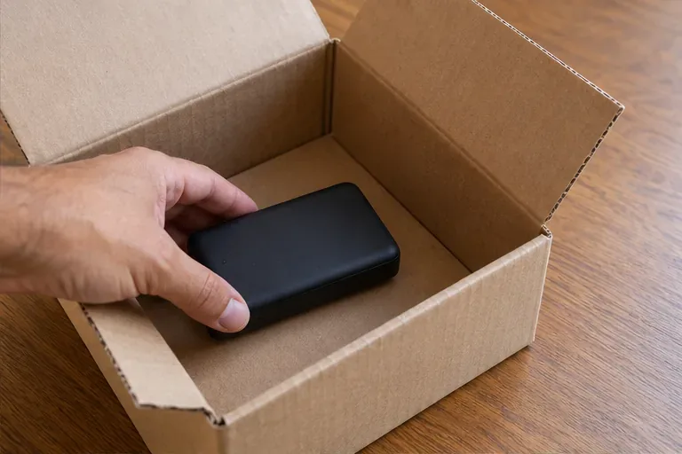 Um power bank inteiro é colocado com cuidado em uma caixa de papelão para ser levado ao ponto de recebimento.