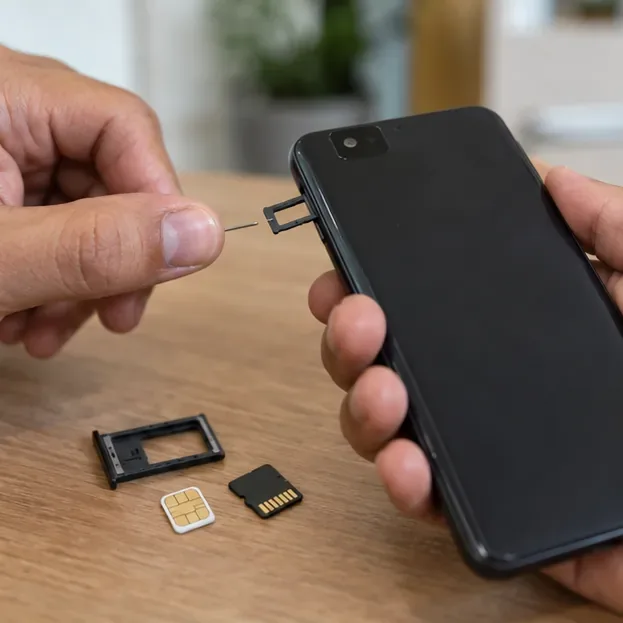 Pessoa retirando o cartão SIM e o cartão microSD de um celular antigo desligado