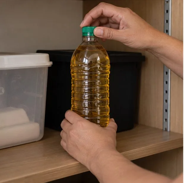 Uma pessoa rosqueia a tampa de uma garrafa PET transparente com óleo usado antes de guardá-la em pé.