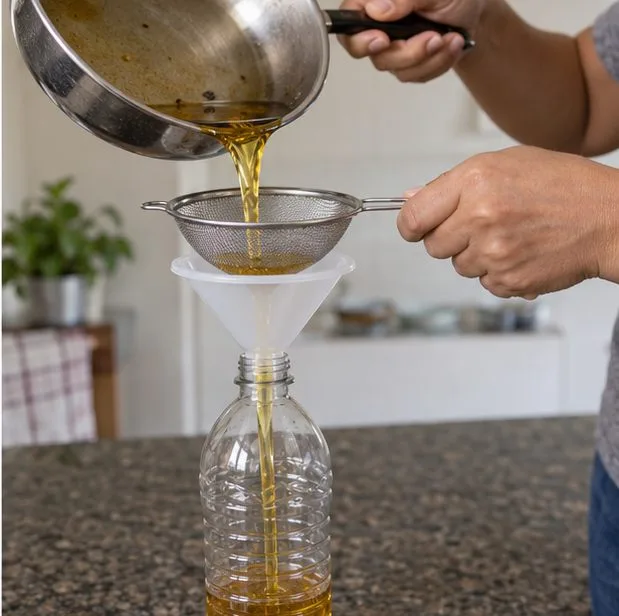Óleo de fritura já frio é passado por uma peneira e um funil para uma garrafa PET limpa.