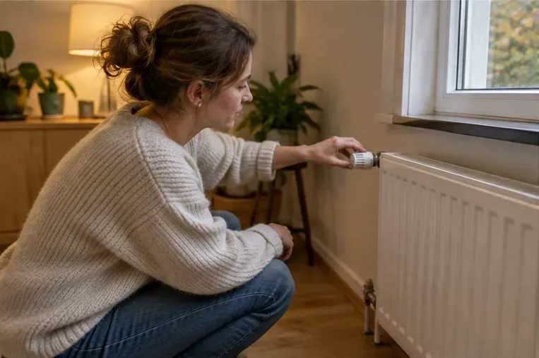 Bewoner die een radiator in een woonkamer controleert aan het begin van het stookseizoen