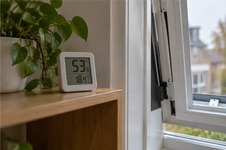 Digitale hygrometer naast een open raam in een woonruimte, gebruikt om vocht en ventilatie te controleren