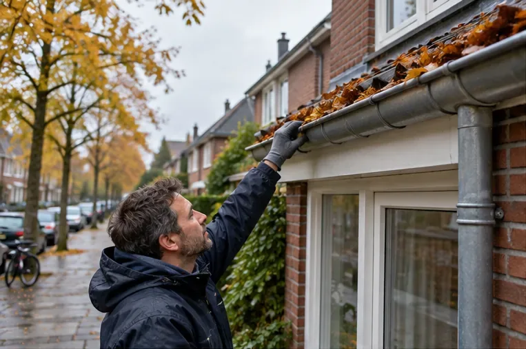 Dakgoot met herfstbladeren aan een Nederlandse rijwoning, gecontroleerd vanaf een veilige werkpositie