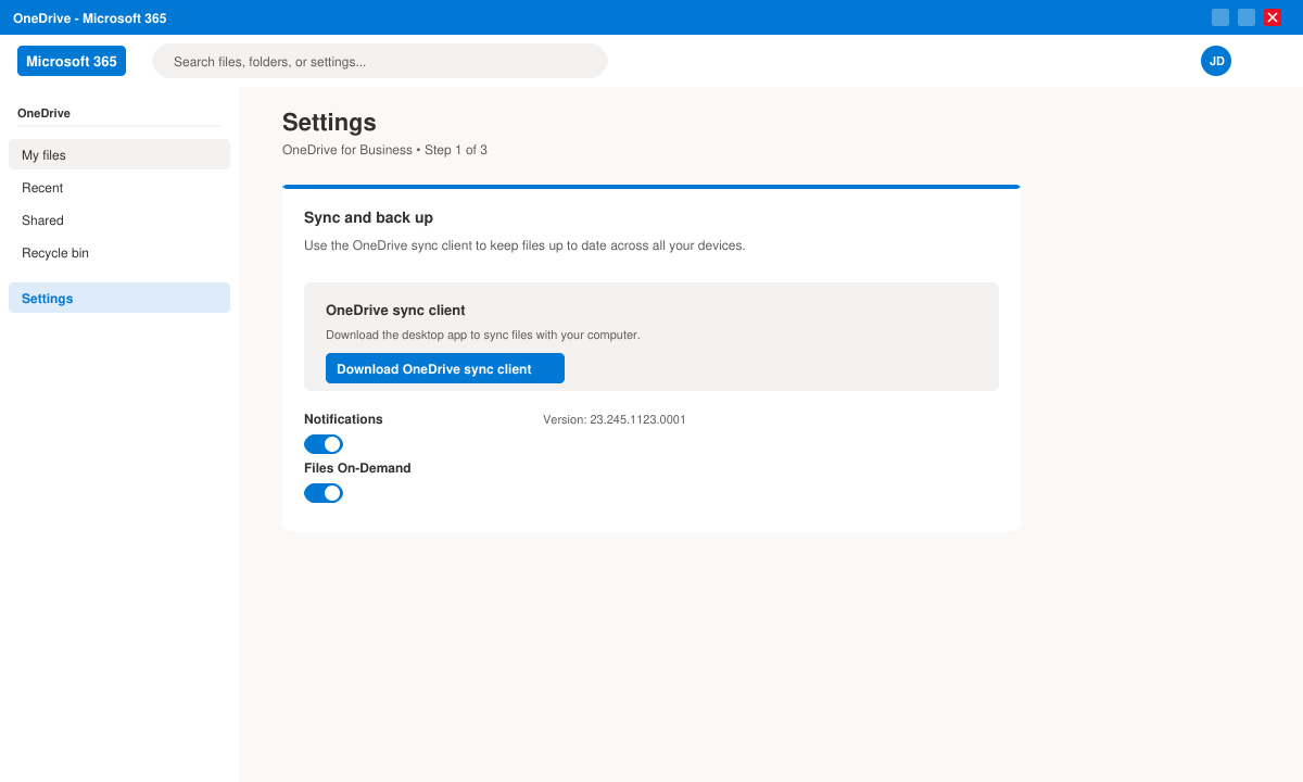 Download button highlighted inside the Microsoft 365 OneDrive settings page