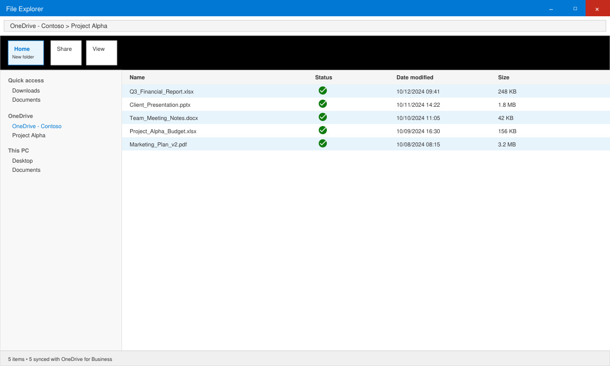 Windows File Explorer showing the synced OneDrive for Business folder with green checkmarks