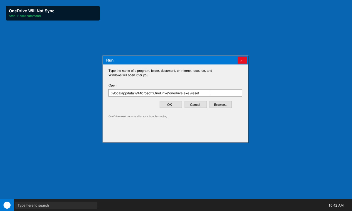 Windows Run dialog box with the exact OneDrive reset command typed in