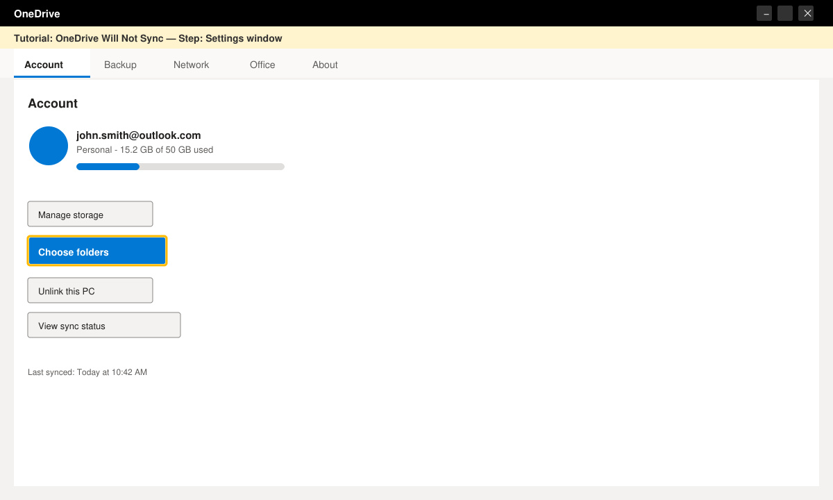 OneDrive Settings window open to the Account tab showing the Choose folders button