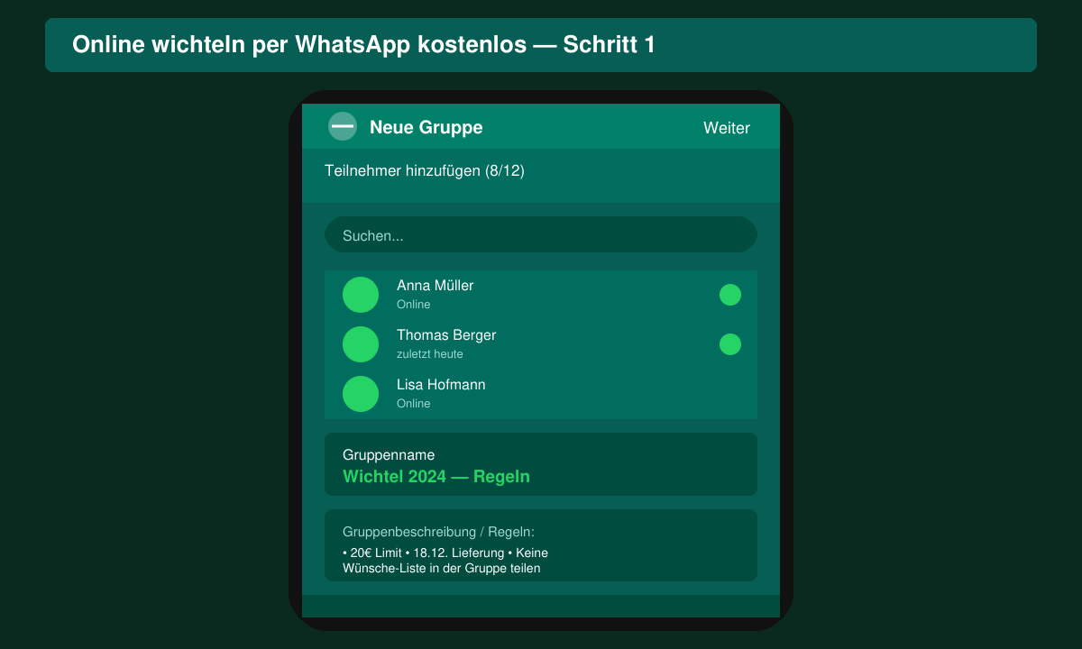 WhatsApp-Bildschirm beim Erstellen einer neuen Gruppe mit Wichtel-Regeln