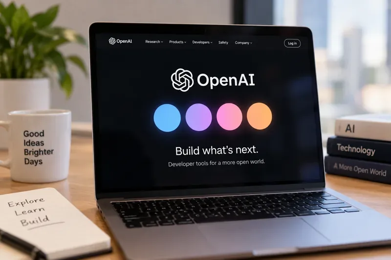 Laptop displaying an OpenAI-themed interface with four colored dots in a modern workspace