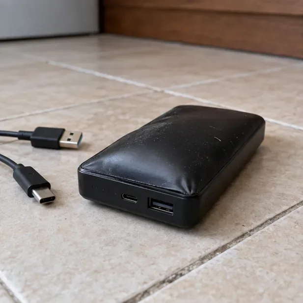 Zwarte powerbank met bolle bovenkant op een tegelvloer, met een losliggende USB-kabel ernaast