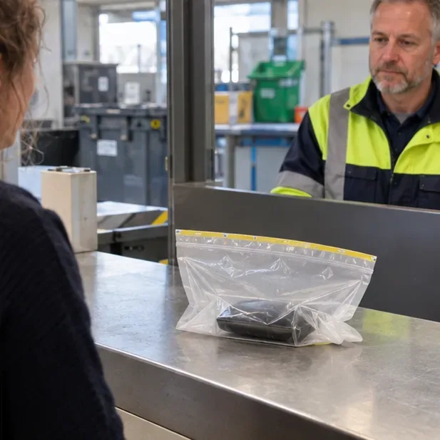 Individueel verpakte zwarte powerbank op een balie tegenover een medewerker in werkkleding