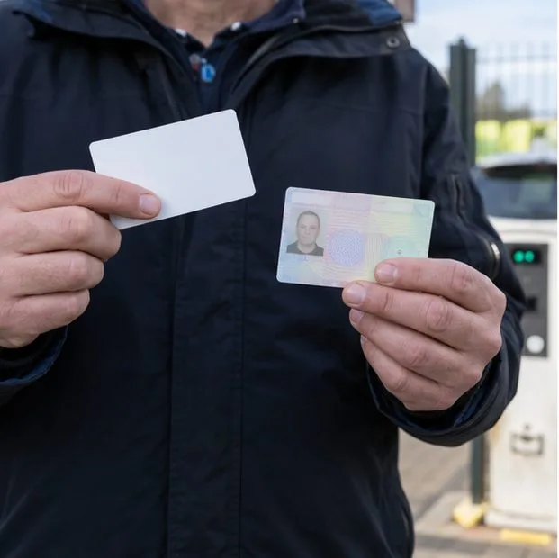 Een inwoner houdt bij de ingang van een afvalbrengstation een toegangspas en identiteitsbewijs gereed.
