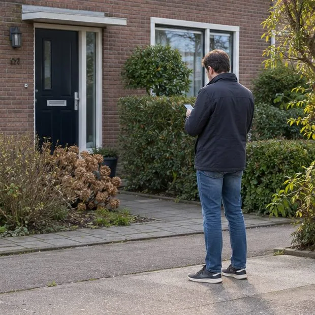 Een bewoner staat buiten bij een woning en kijkt op een mobiele telefoon; het scherm is niet leesbaar.