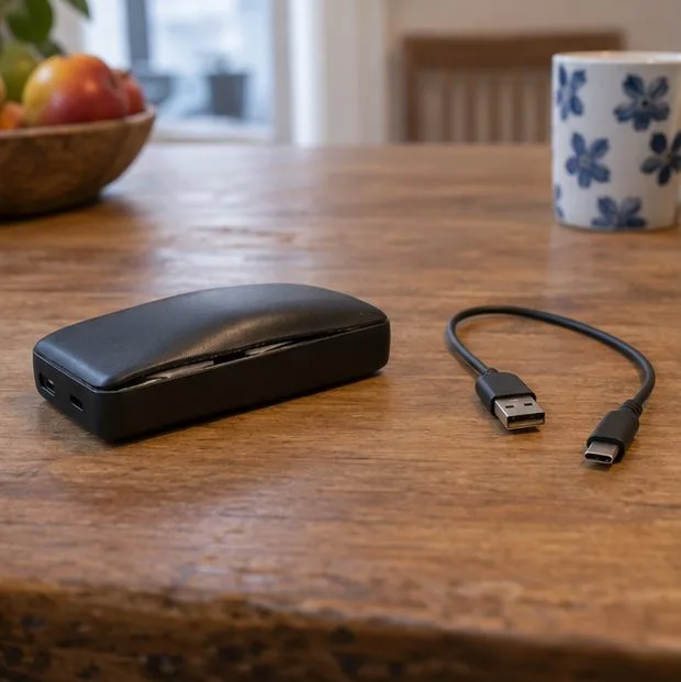 Een zwarte powerbank met een duidelijk openstaande behuizingsnaad ligt naast een losgekoppelde laadkabel op tafel.