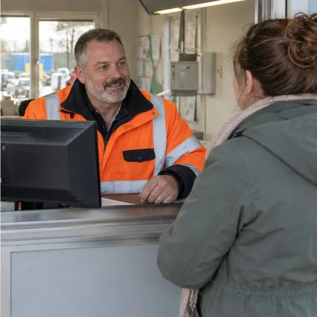 Een medewerker van een afvalbrengstation bespreekt iets met een inwoner aan een servicebalie; er is geen batterij zichtbaar.