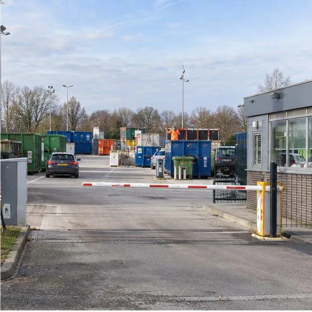 De ingang van een gemeentelijk afvalbrengstation met slagboom, servicegebouw en rijen afvalcontainers.