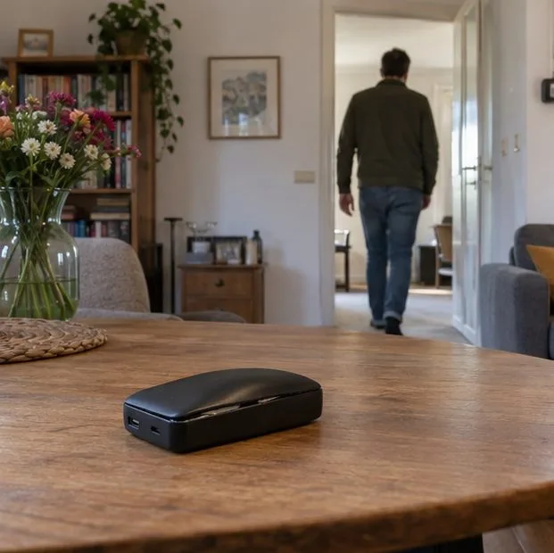 Een man loopt vanuit een woonkamer door een deuropening weg; op de tafel staat een powerbank met een openstaande behuizingsnaad.