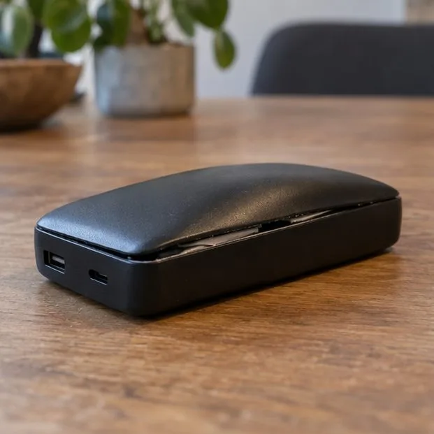 Een zwarte powerbank ligt op een houten tafel; de bovenkant is bolgetrokken en de behuizingsnaad staat open.