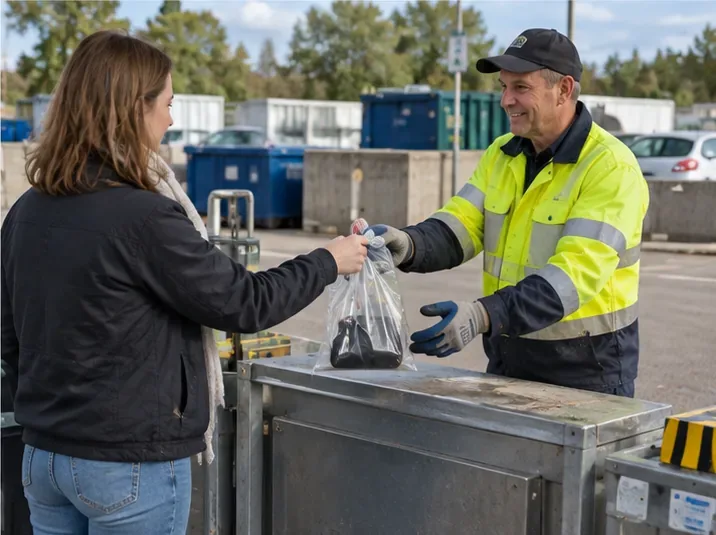 Een vrouw overhandigt een afzonderlijk verpakte powerbank aan een medewerker in veiligheidskleding bij een bemand recyclingpunt.
