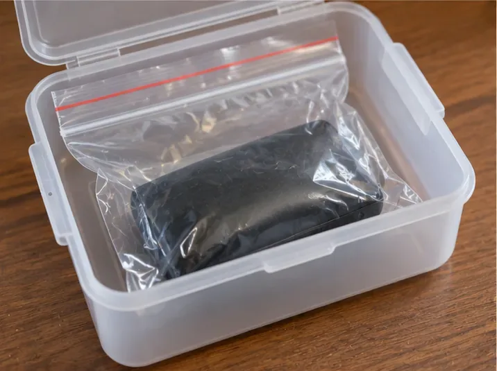 Een opgezwollen zwarte powerbank zit afzonderlijk in een doorzichtig afsluitbaar zakje, geplaatst in een kunststof bewaarbak.