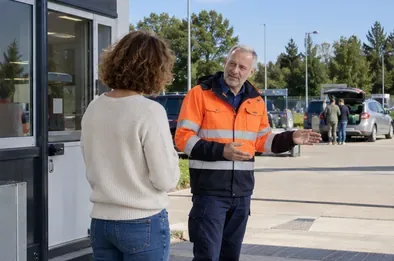 Een bezoeker spreekt bij de ingang van een gemeentelijke afvalbrengplaats met een medewerker voordat er iets wordt uitgeladen.