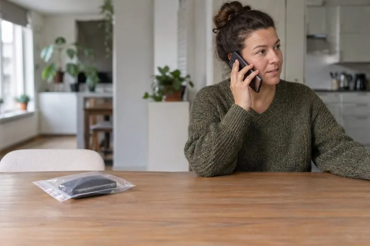 Een vrouw belt met haar telefoon terwijl een apart verpakte powerbank op afstand op tafel ligt